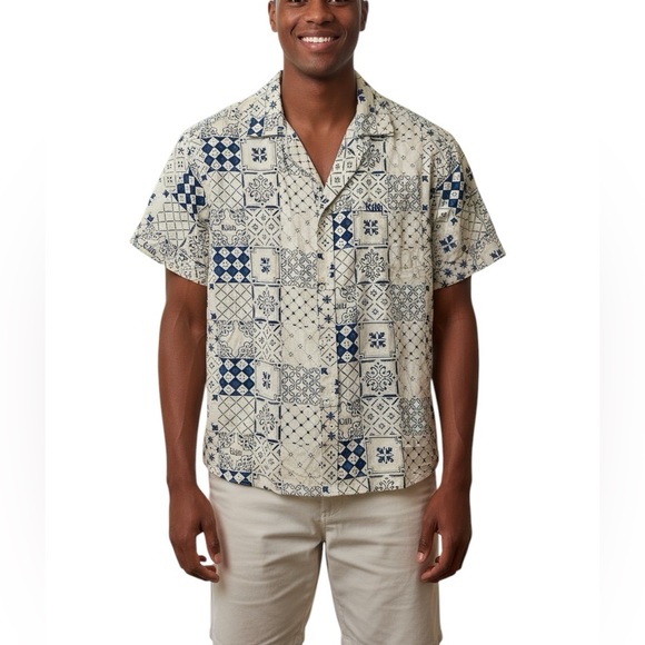 Kith Mens Cream and Blue Patterned Casual Shirt Silk/Cotton Blend Size XS - Picture 1 of 7